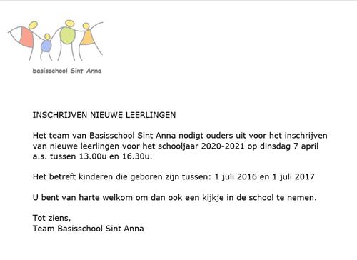 Inschrijven nieuwe leerlingen Basisschool Sint Anna