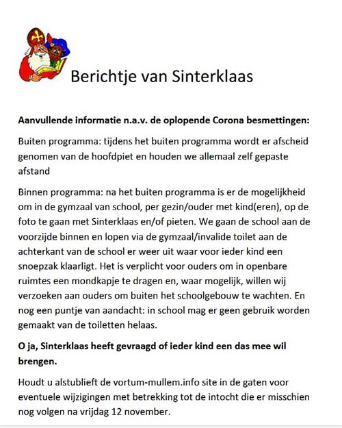 bericht van sinterklaas n.a.v. de corona besmettingen